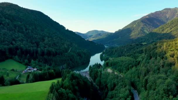 Πράσινα Λιβάδια Αλπικά Σπίτια Και Κορυφές Βουνών Περιοχή Salzburger Αυστρία — Αρχείο Βίντεο