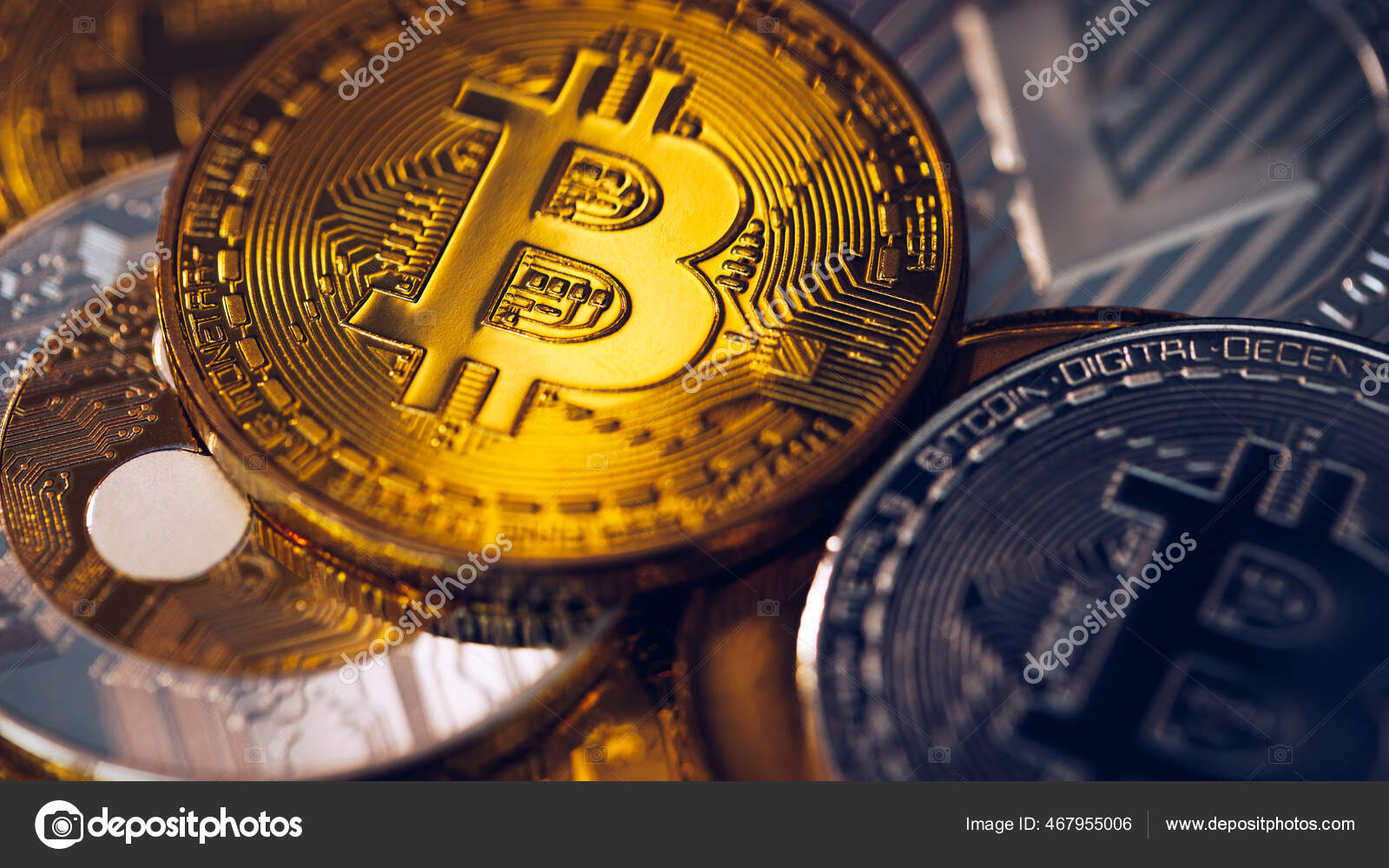 加密货币硬币集合集合比特币荔枝素数字货币加密货币Cryptocurrency 带有比特币荔枝蛋白和以太符号的银元和金币—— 库存社论照片© DaLiu  #467955006