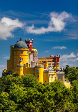 Palace of Pena in Sintra. Lisbon, Portugal. Travel Europe, holidays in Portugal. Panoramic View Of Pena Palace, Sintra, Portugal. Pena National Palace, Sintra, Portugal.  clipart