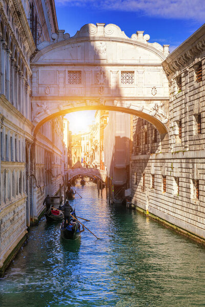 View of the Bridge of Sighs (Ponte dei Sospiri) and the Rio de Palazzo o de Canonica Canal from the Riva degli Schiavoni in Venice, Italy. The Ponte de la Canonica is visible in background.
