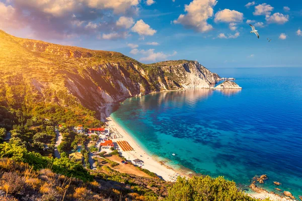 Slavná Pláž Petani Ostrově Kefalonia Řecku Pohled Záliv Petani Krásnou — Stock fotografie