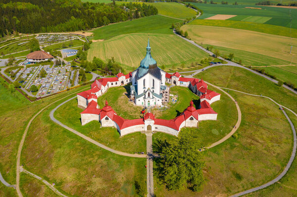 Top view of the church St. John of Nepomuk. Zdar nad Sazavou. Czechia. The Pilgrim Church of St John of Nepomuk on the Zelena hora on Zdar nad Sazavou, Czech Republic.