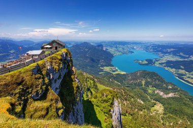 Amazing view from Schafberg by St. Sankt Wolfgang im in Salzkammergut, Haus house Schafbergspitze, lake Mondsee, Moonlake. Blue sky, alps mountains. Upper Austria, Salzburg, near Wolfgangsee, Attersee