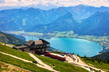 View of Wolfgangsee lake from Schafberg mountain, Austria. Wolfgangsee Lake from alp mountain Schafberg. Sankt St. Wolfgang im in Salzkammergut, Ried, Salzburgerland, Austria.