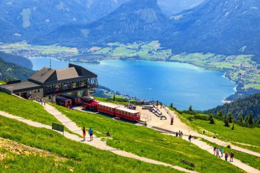 View of Wolfgangsee lake from Schafberg mountain, Austria. Wolfgangsee Lake from alp mountain Schafberg. Sankt St. Wolfgang im in Salzkammergut, Ried, Salzburgerland, Austria.