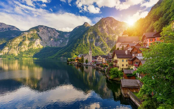 Scenic Picture Postcard View Famous Hallstatt Mountain Village Austrian Alps — Stockfoto