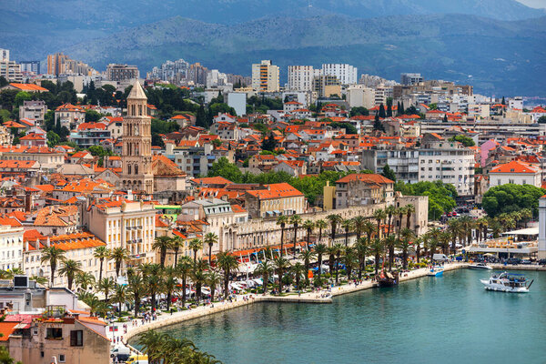 Split, Croatia (region of Dalmatia). UNESCO World Heritage Site. View of Split city, Diocletian Palace and Mosor mountains in background. Split panoramic view of town, Dalmatia, Croatia.