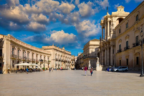 Panorama Piazza Duomo Cathedral Syracuse Sicily Italy Baroque Cathedral Historic — Stock Photo, Image