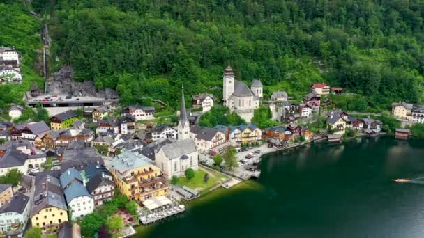 Άποψη Του Διάσημου Ορεινό Χωριό Hallstatt Στις Αυστριακές Άλπεις Στο — Αρχείο Βίντεο