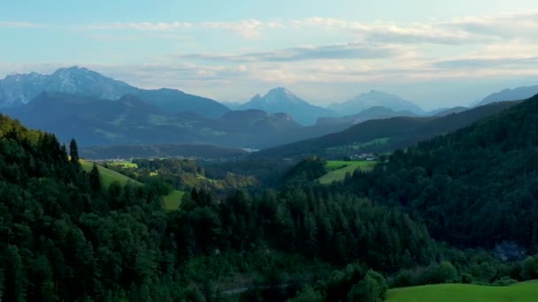 Green Meadows Alpine Houses Mountain Peaks Salzburger Area Austria — Stock Video