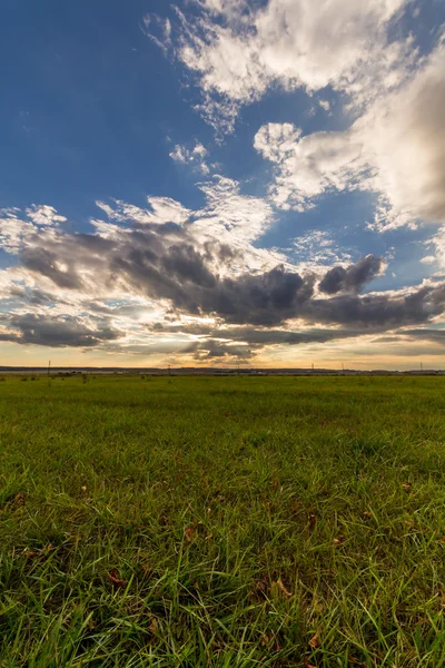 Coucher de soleil spectaculaire sur le champ vert — Photo