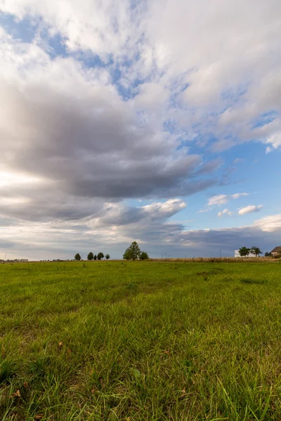 Atardecer dramático sobre el campo verde — Foto de Stock