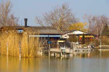 Göl evi iskele ve woods ile