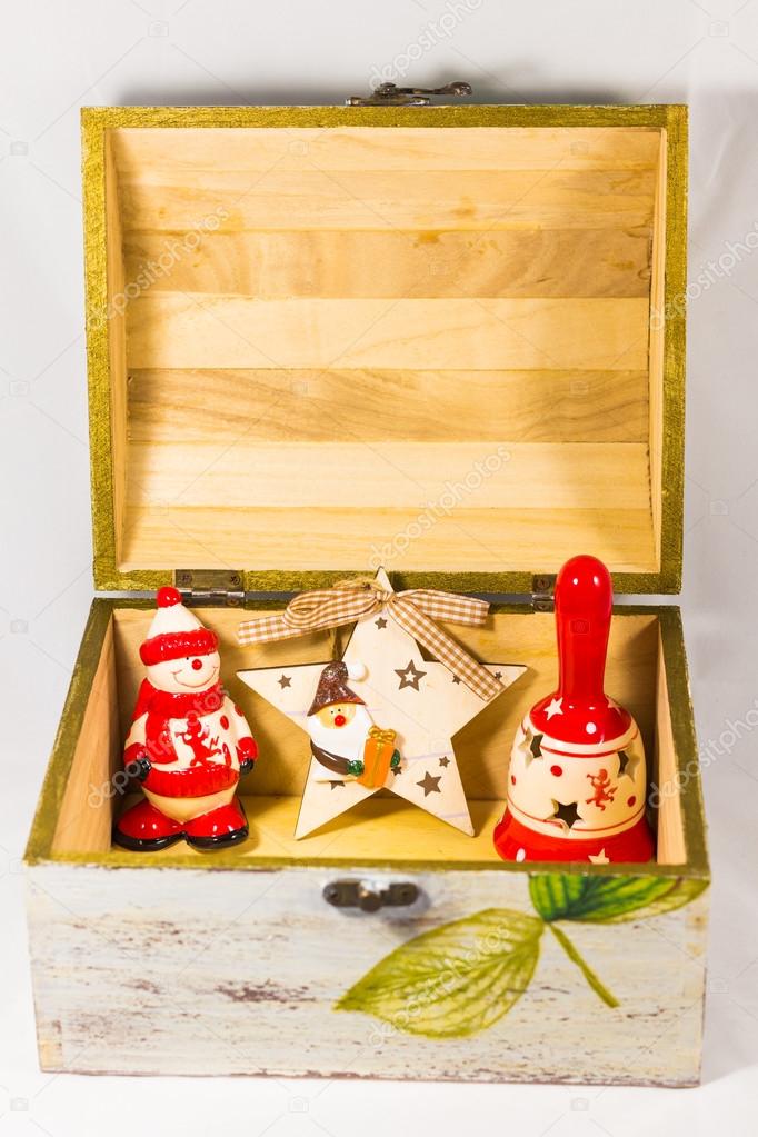 Snowman, Santa claus star, bell and wooden box