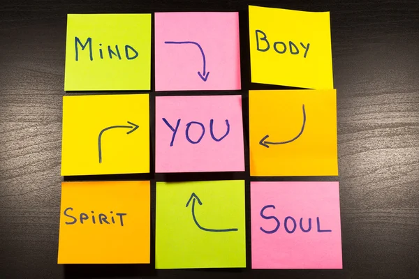 Ciało, umysł, ducha, duszy i notatki programu Sticky Notes — Zdjęcie stockowe