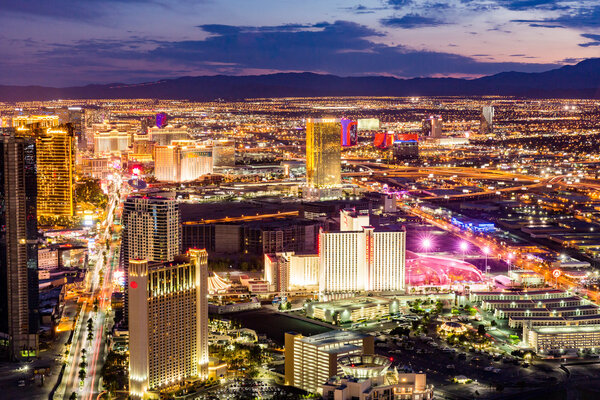 View of Las Vegas and the Las Vegas Strip from above on sunset