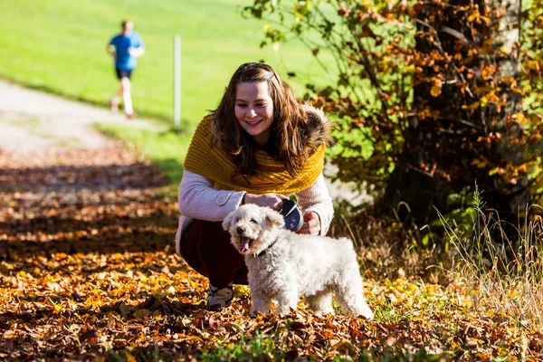 Menina com um poodle na floresta — Fotografia de Stock