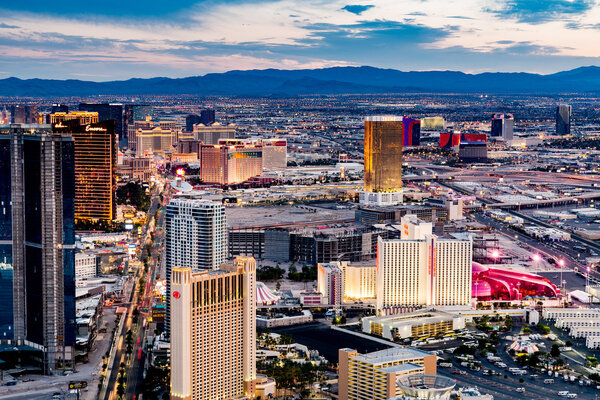 View of Las Vegas and the Las Vegas Strip from above on sunset