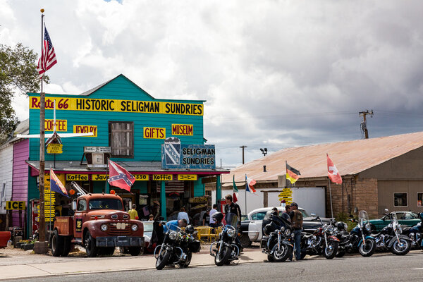 Views of the route 66 decorations in the city of Seligman in Arizona