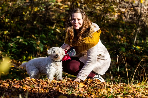 Flicka med en pudel i skogen — Stockfoto