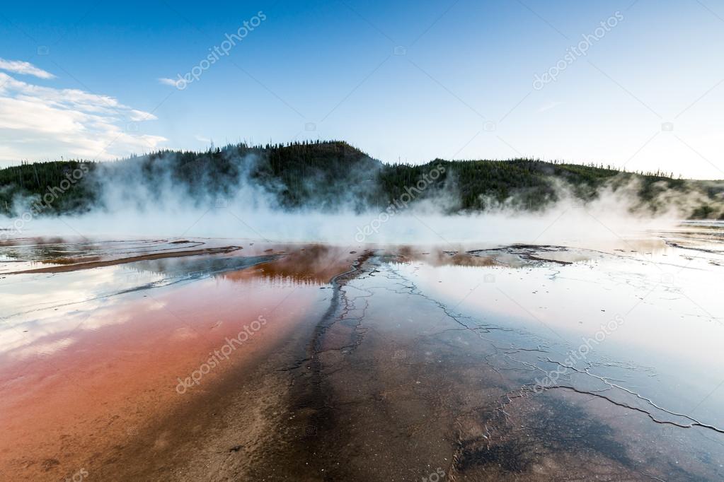 Grand Prismatic Spring at sunset in Yellowstone National Park