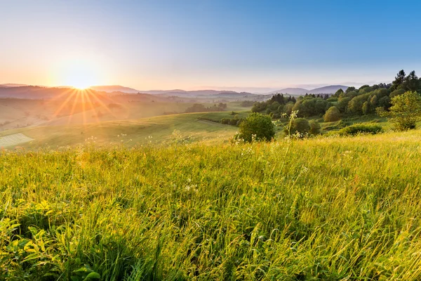 Velden en heuvels bij zonsopgang in de buurt van Dolny Kubin in Slowakije — Stockfoto