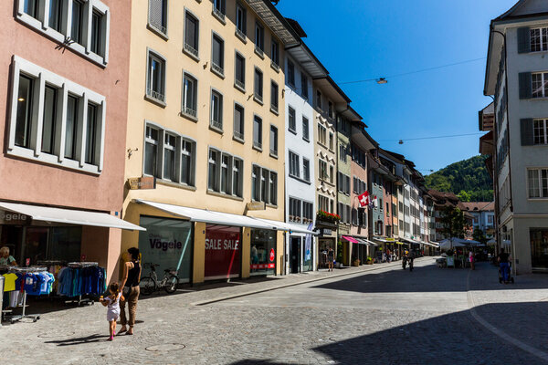 BADEN, AARGAU, SWITZERLAND - JUNE 30, 2015: Exterior views of the old town part of Baden on June 30, 2015. Baden is a municipality in the Swiss canton of Aargau, located 25 km (16 mi) northwest of Zurich.