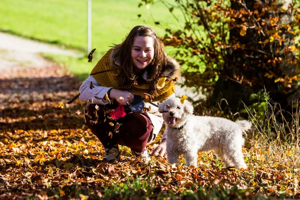 Flicka med en pudel i skogen — Stockfoto