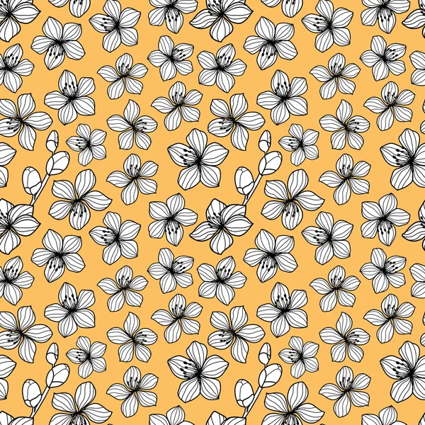 Modèle sans couture de style rétro fleur noire et blanche. Fond jaune — Image vectorielle