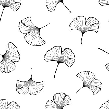 Black and white graphic ginkgo leaves seamless pattern clipart