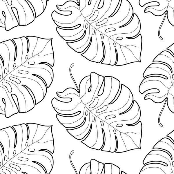 Black and white graphic tropical leaves seamless pattern — Stock Vector