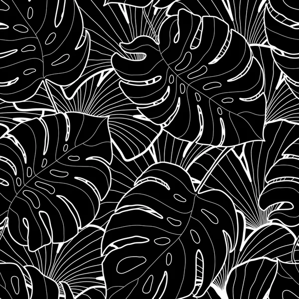 Black and white graphic tropical leaves seamless pattern — Stock Vector