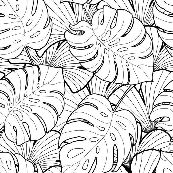 Black and white graphic tropical leaves seamless pattern — Stock Vector