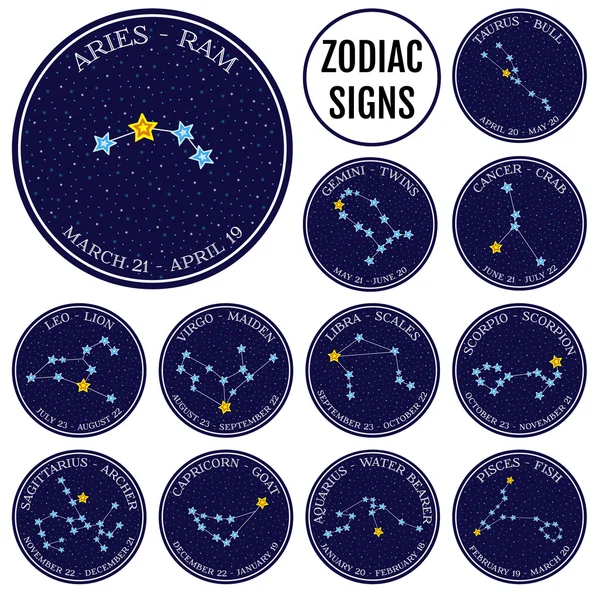 Set de constelații zodiacale în spațiu. Drăguț vector stil desene animate — Vector de stoc