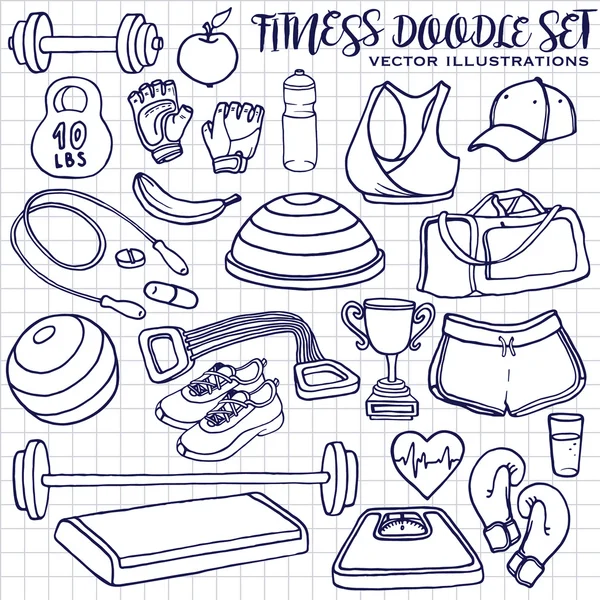 Handritad fitness doodle set. Vektor illustrationer — Stock vektor