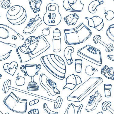 Elle çizilmiş fitness doodle seamless modeli. Anahatlar olarak beyaz ba