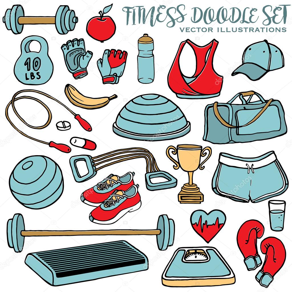 Hand drawn fitness doodle set. Vector illustrations