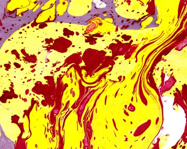 Sarı kırmızı sıçramalarına arka plan Ebru soyut. Ebru el yapımı