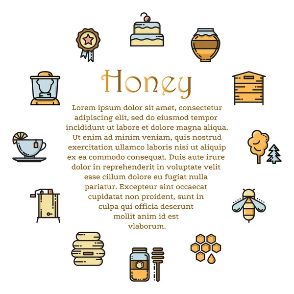 Conjunto de abejas de línea fina e iconos de miel — Vector de stock