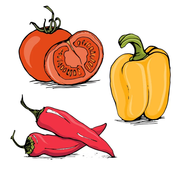 Tomate maduro, pimentão amarelo e pimenta vermelha quente — Vetor de Stock