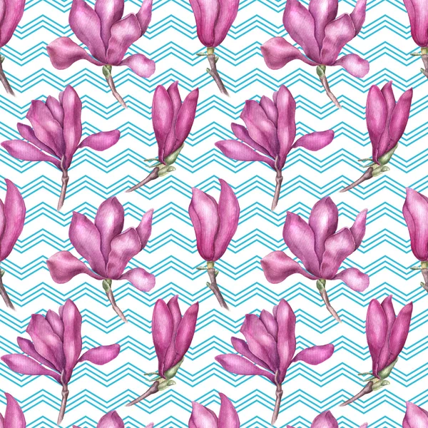 Delicate pink magnolia seamless pattern, watercolor illustration, geometric background — Stock Photo, Image