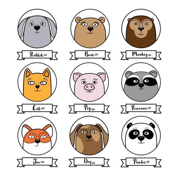 Conjunto de avatares animais bonitos em círculos — Vetor de Stock