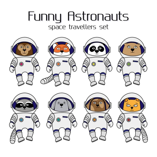 Conjunto de lindos astronautas animales en trajes espaciales — Vector de stock
