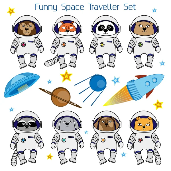 Sevimli hayvan Astronotlar, roket, uydu, Ufo ve yıldız kümesi — Stok Vektör