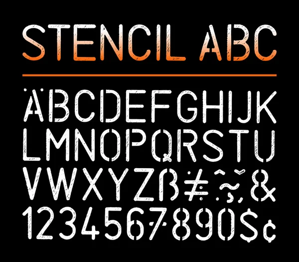 Full grunge style stencil alphabet and number on black background — Stock Vector