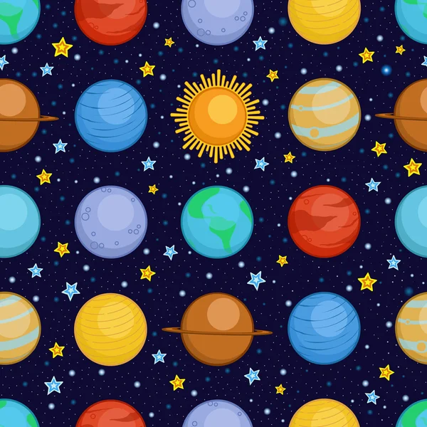 Uzayda, karikatür tarzı seamless modeli Güneş sisteminin gezegenleri — Stok Vektör
