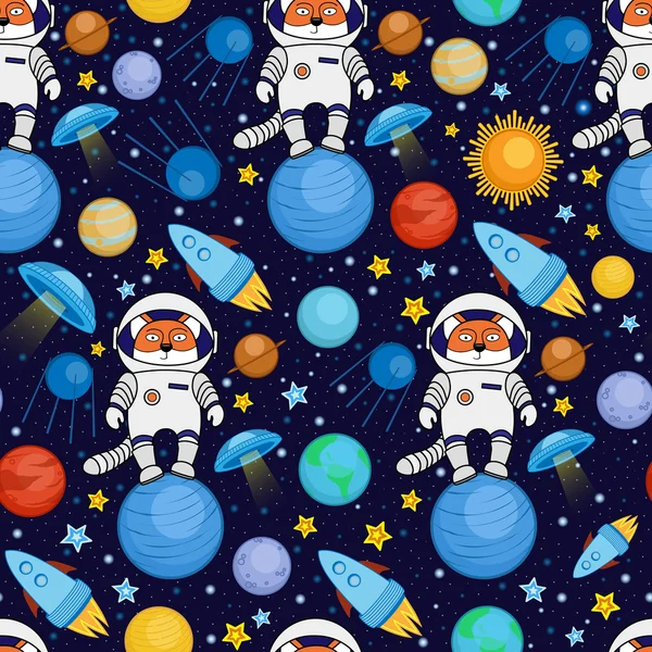 Bezszwowe kreskówka miejsce wzór - astronauta Lisa, statek kosmiczny, planety, satelity — Wektor stockowy