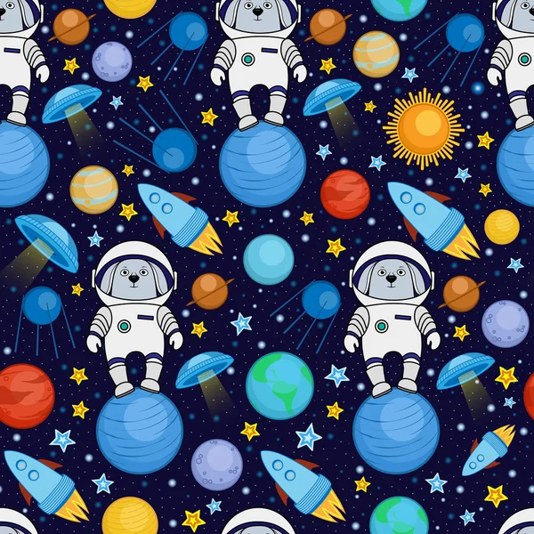 Seamless cartoon space pattern - rabbit astronaut, spaceship, planets, satellites — Stock Vector