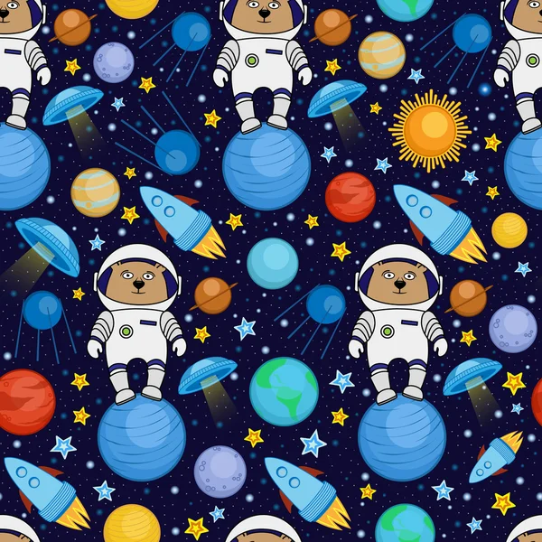 Kesintisiz çizgi film alanı desen - ayı astronot, uzay gemisi, gezegenler, uydular — Stok Vektör