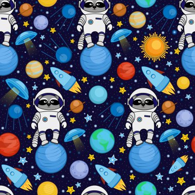 Kesintisiz çizgi film alanı desen - Rakun astronot, uzay gemisi, gezegenler, uydular